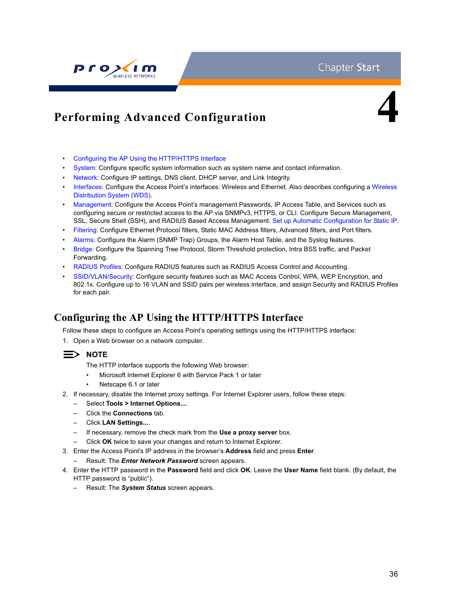 Performing advanced configuration, Configuring the ap using the http/https interface, 4 performing advanced configuration | Proxim ORINOCO AP-2000 User Manual | Page 36 / 244