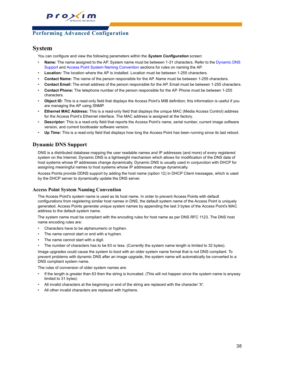 System, Dynamic dns support, Access point system naming convention | Performing advanced configuration | Proxim ORINOCO AP-2000 User Manual | Page 38 / 244