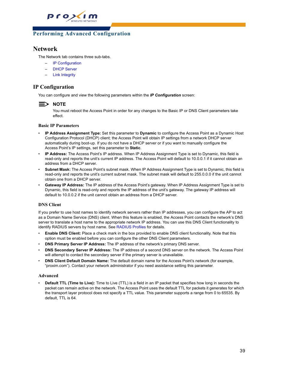 Network, Ip configuration, Basic ip | Parameters, Performing advanced configuration | Proxim ORINOCO AP-2000 User Manual | Page 39 / 244