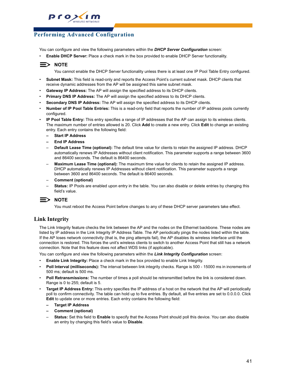 Link integrity, Performing advanced configuration | Proxim ORINOCO AP-2000 User Manual | Page 41 / 244