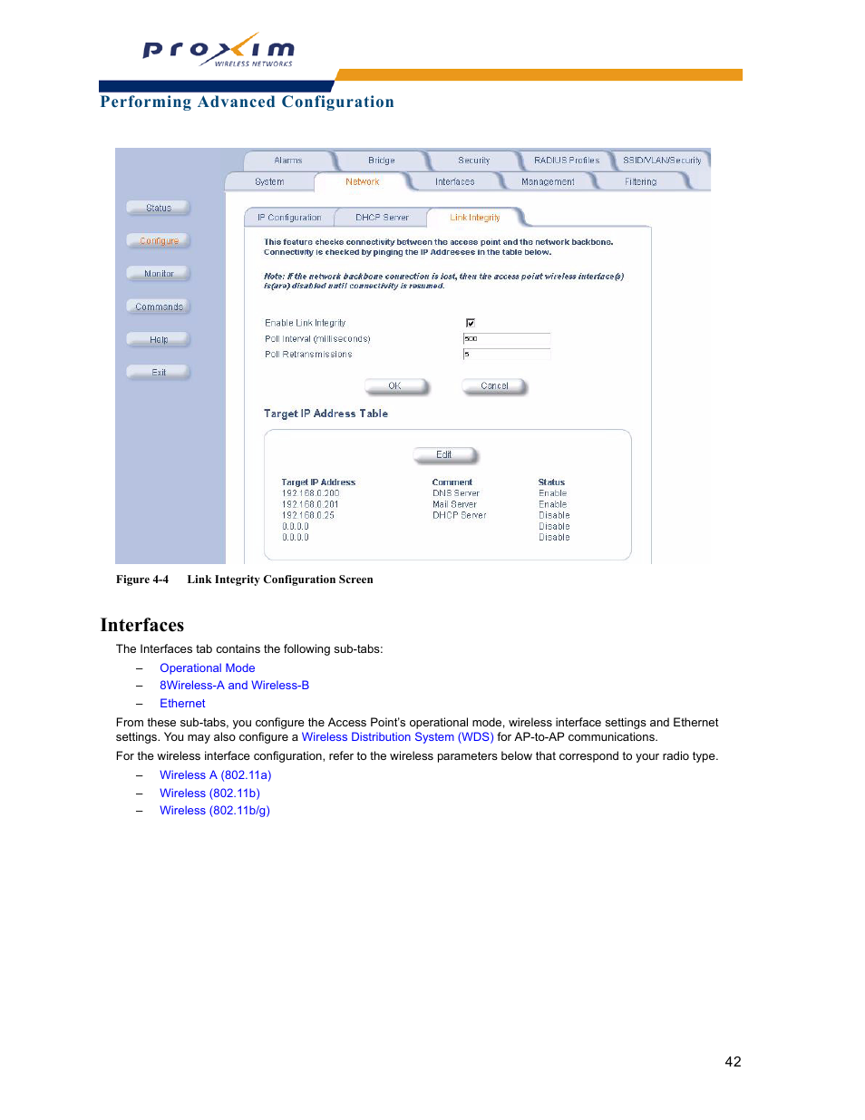 Interfaces, Performing advanced configuration | Proxim ORINOCO AP-2000 User Manual | Page 42 / 244