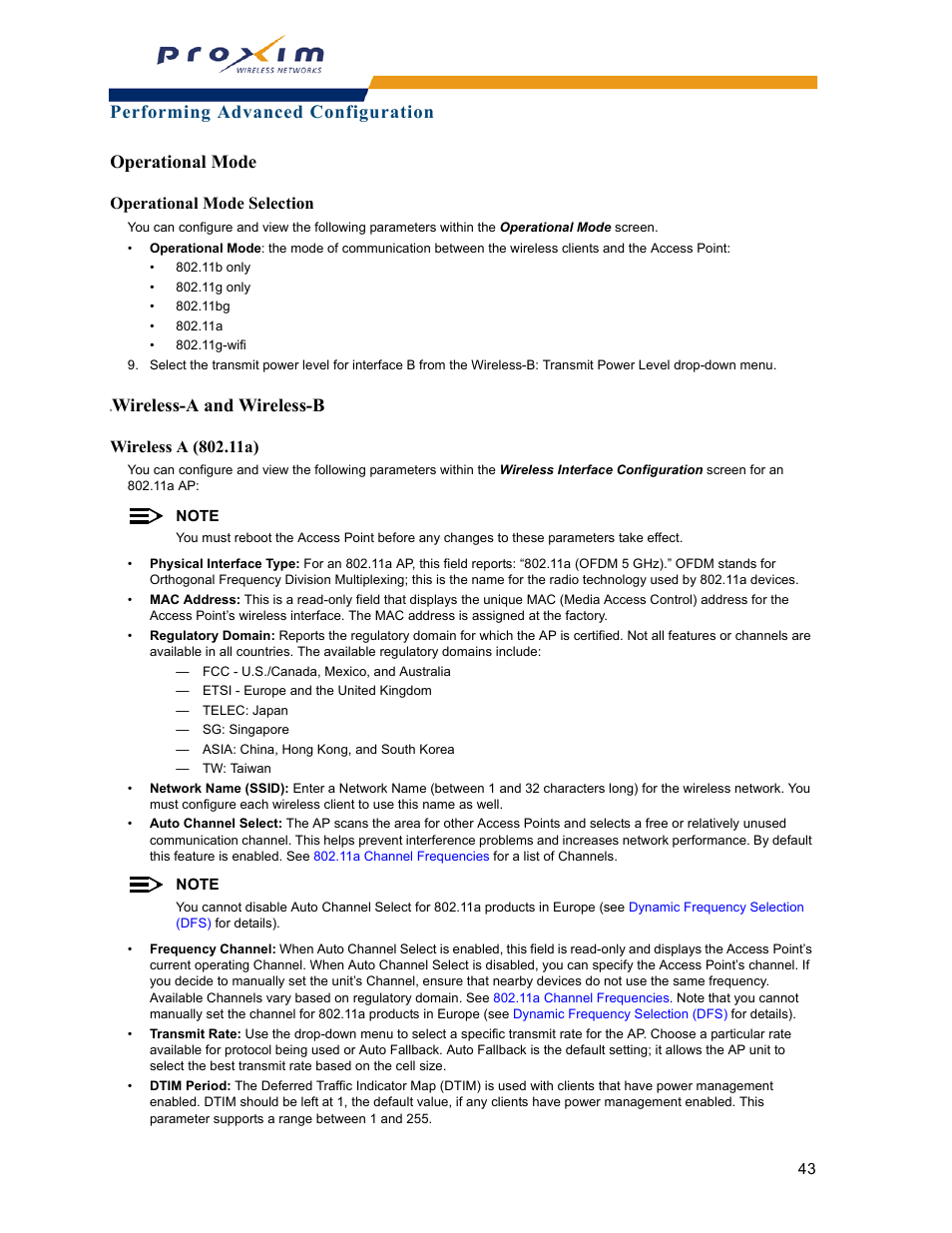 Operational mode, 8wireless-a and wireless-b, Operational mode selection | Wireless a (802.11a), Wireless a, 11a), Performing advanced configuration operational mode, Wireless-a and wireless-b | Proxim ORINOCO AP-2000 User Manual | Page 43 / 244