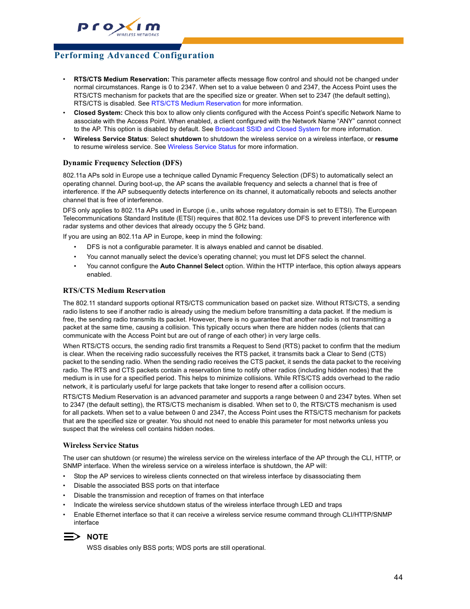 In europe (see, Dynamic frequency selection (dfs), Wireless | Service status, Dynamic frequency selection, Dfs), Pe (see, Performing advanced configuration | Proxim ORINOCO AP-2000 User Manual | Page 44 / 244