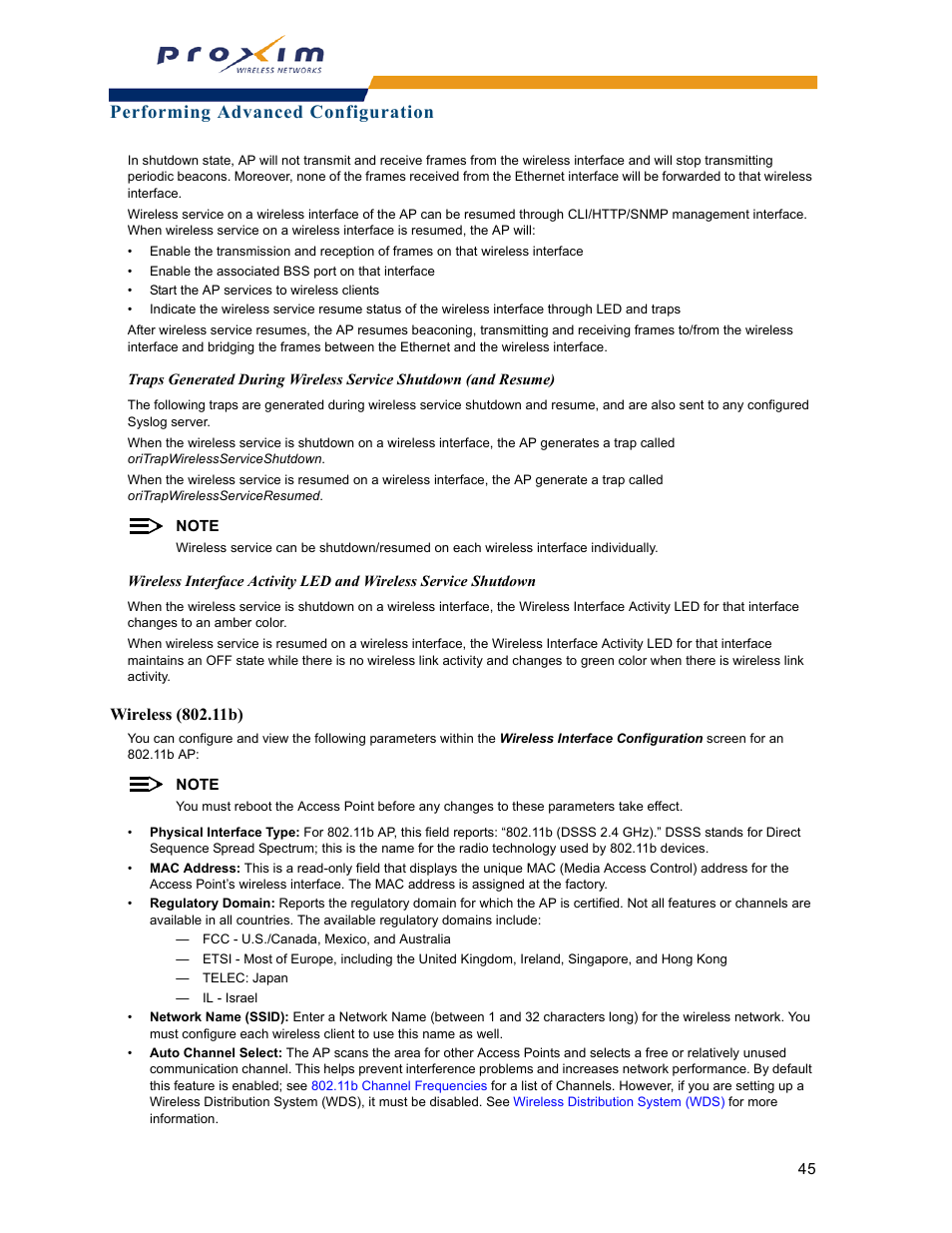 Wireless (802.11b), Performing advanced configuration | Proxim ORINOCO AP-2000 User Manual | Page 45 / 244