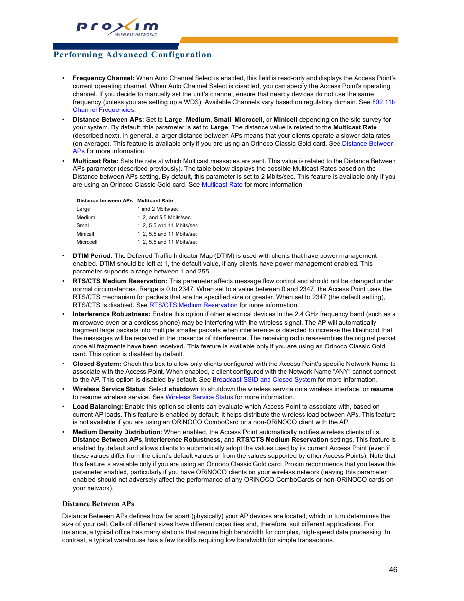 Distance between aps, Performing advanced configuration | Proxim ORINOCO AP-2000 User Manual | Page 46 / 244