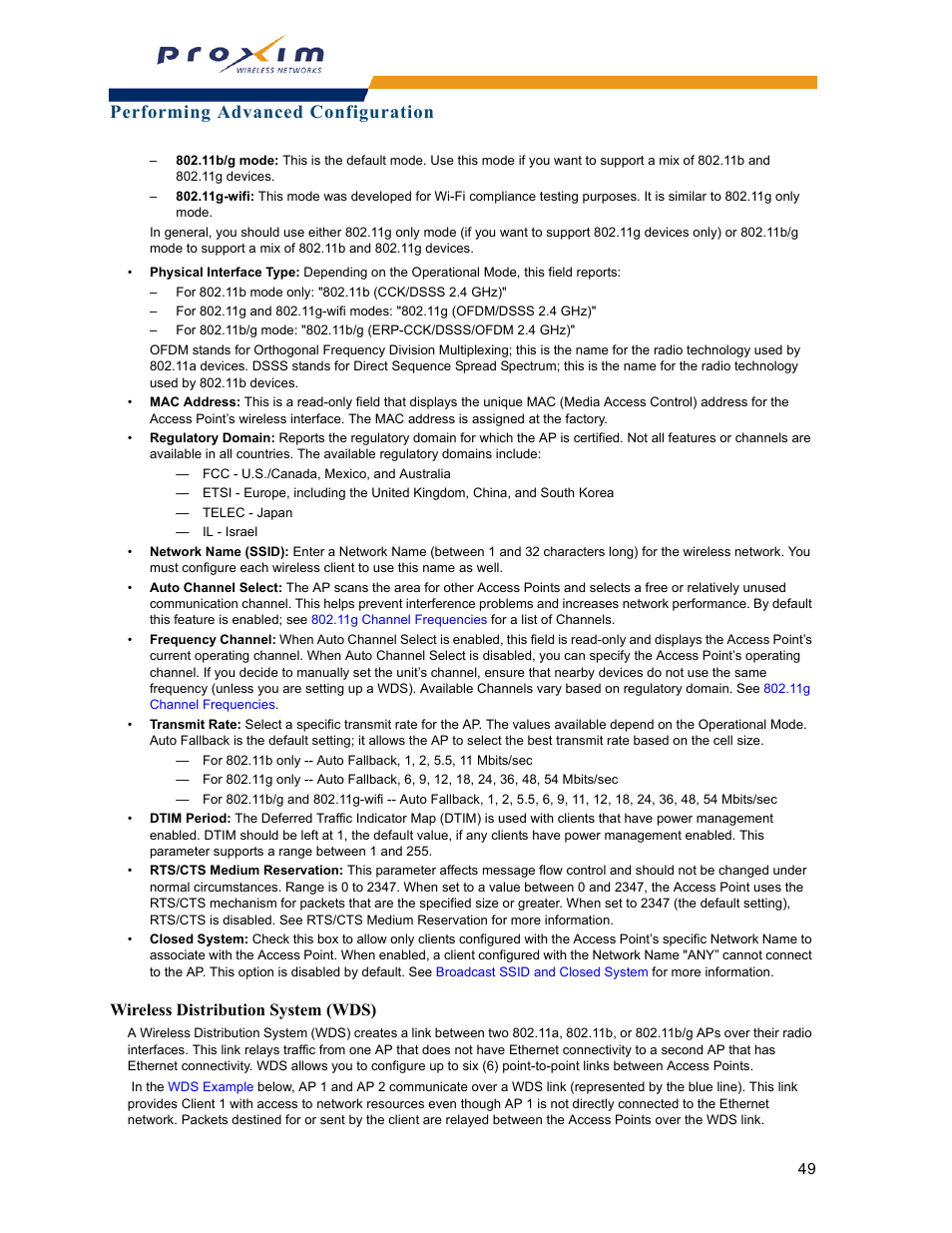 Wireless distribution system (wds), Wireless, Distribution system (wds) | Performing advanced configuration | Proxim ORINOCO AP-2000 User Manual | Page 49 / 244