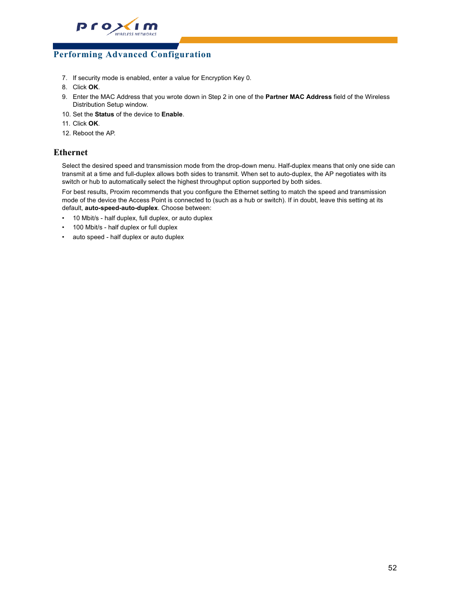 Ethernet, Performing advanced configuration | Proxim ORINOCO AP-2000 User Manual | Page 52 / 244