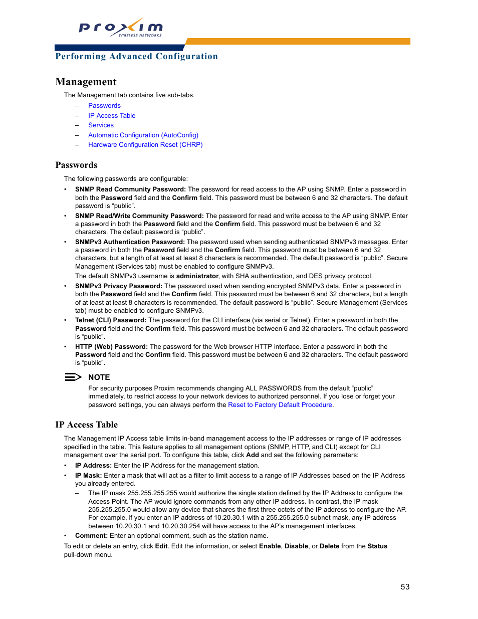 Management, Passwords, Ip access table | Passwords ip access table, Performing advanced configuration | Proxim ORINOCO AP-2000 User Manual | Page 53 / 244