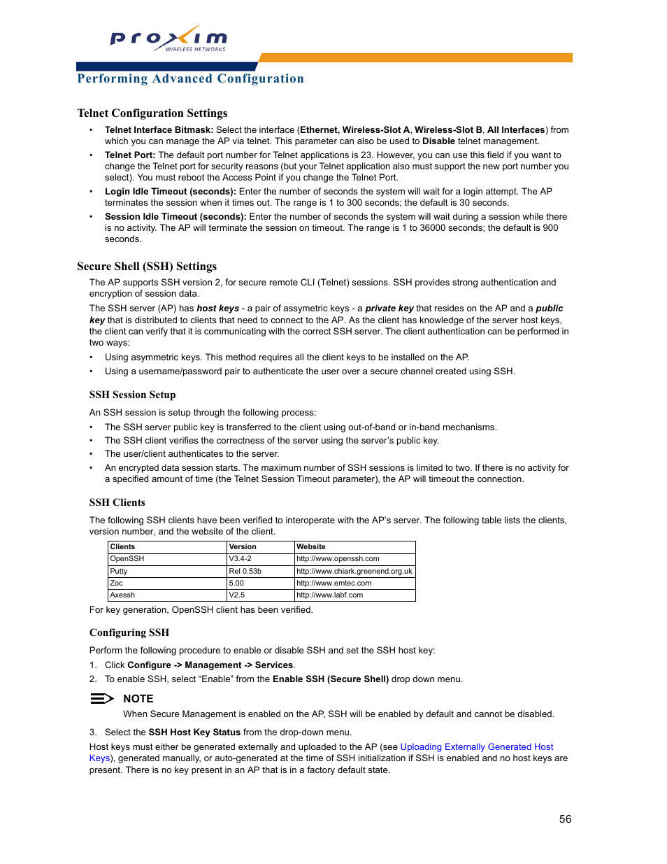 Performing advanced configuration, Telnet configuration settings, Secure shell (ssh) settings | Proxim ORINOCO AP-2000 User Manual | Page 56 / 244