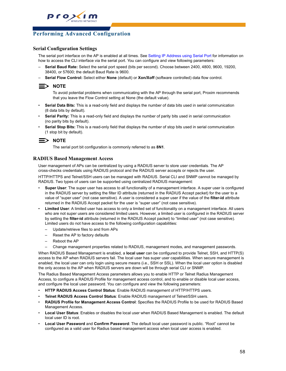 Performing advanced configuration, Serial configuration settings, Radius based management access | Proxim ORINOCO AP-2000 User Manual | Page 58 / 244