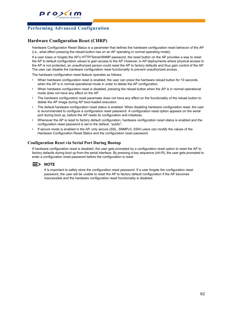 Hardware configuration reset (chrp), Configuration reset via serial port during bootup | Proxim ORINOCO AP-2000 User Manual | Page 62 / 244