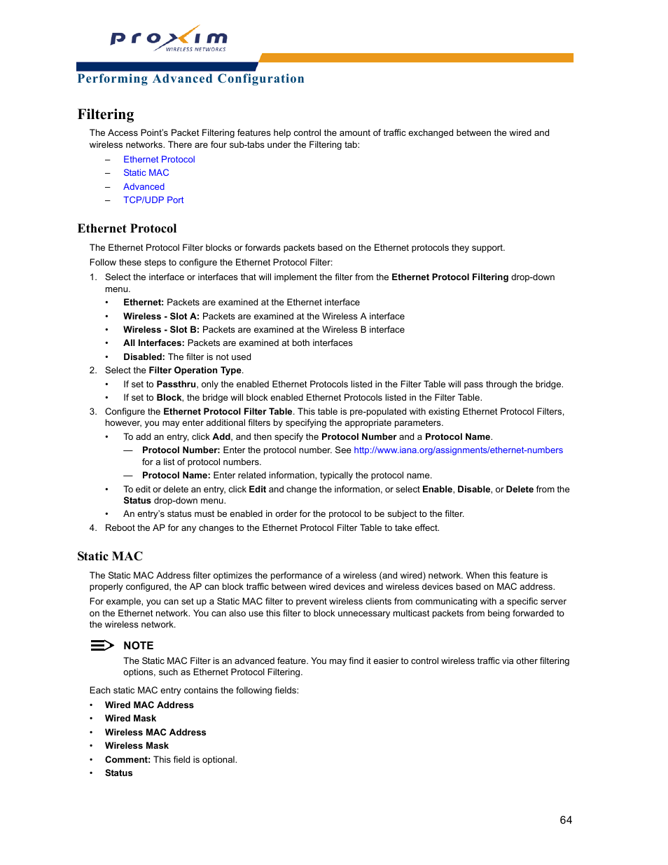 Filtering, Ethernet protocol, Static mac | Ethernet protocol static mac, Performing advanced configuration | Proxim ORINOCO AP-2000 User Manual | Page 64 / 244