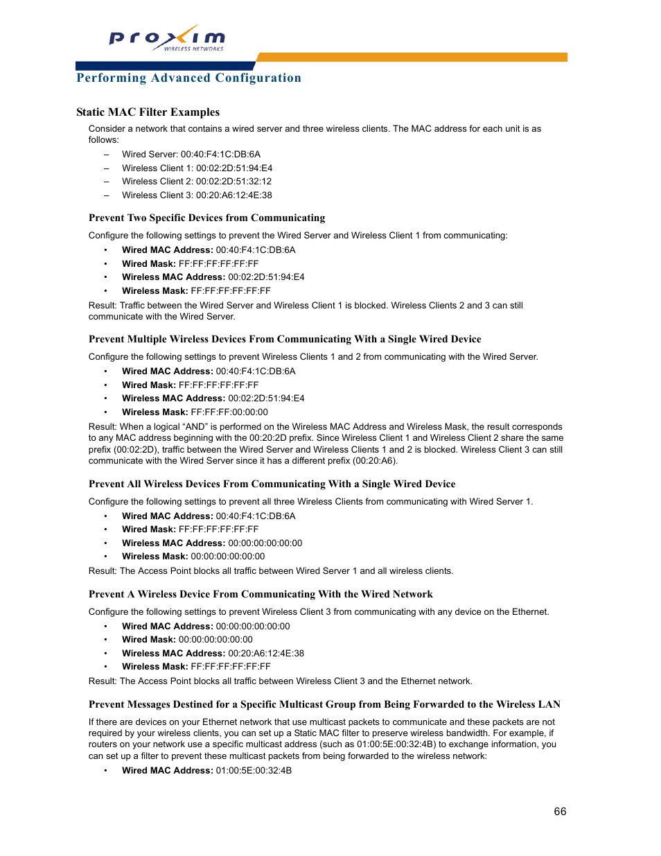 Static mac filter examples, Performing advanced configuration | Proxim ORINOCO AP-2000 User Manual | Page 66 / 244