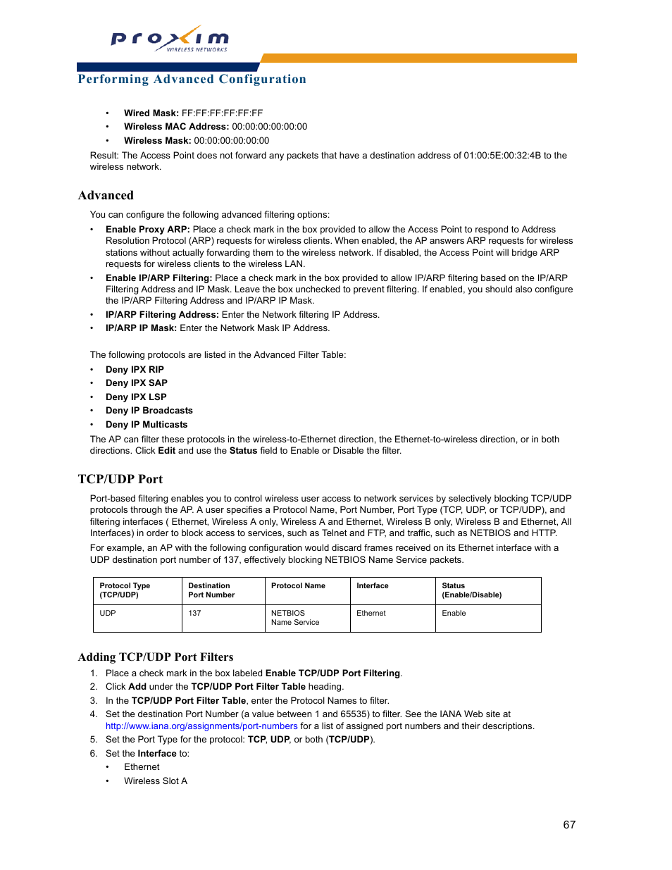 Advanced, Tcp/udp port, Advanced tcp/udp port | Adding tcp/udp port filters, Performing advanced configuration | Proxim ORINOCO AP-2000 User Manual | Page 67 / 244