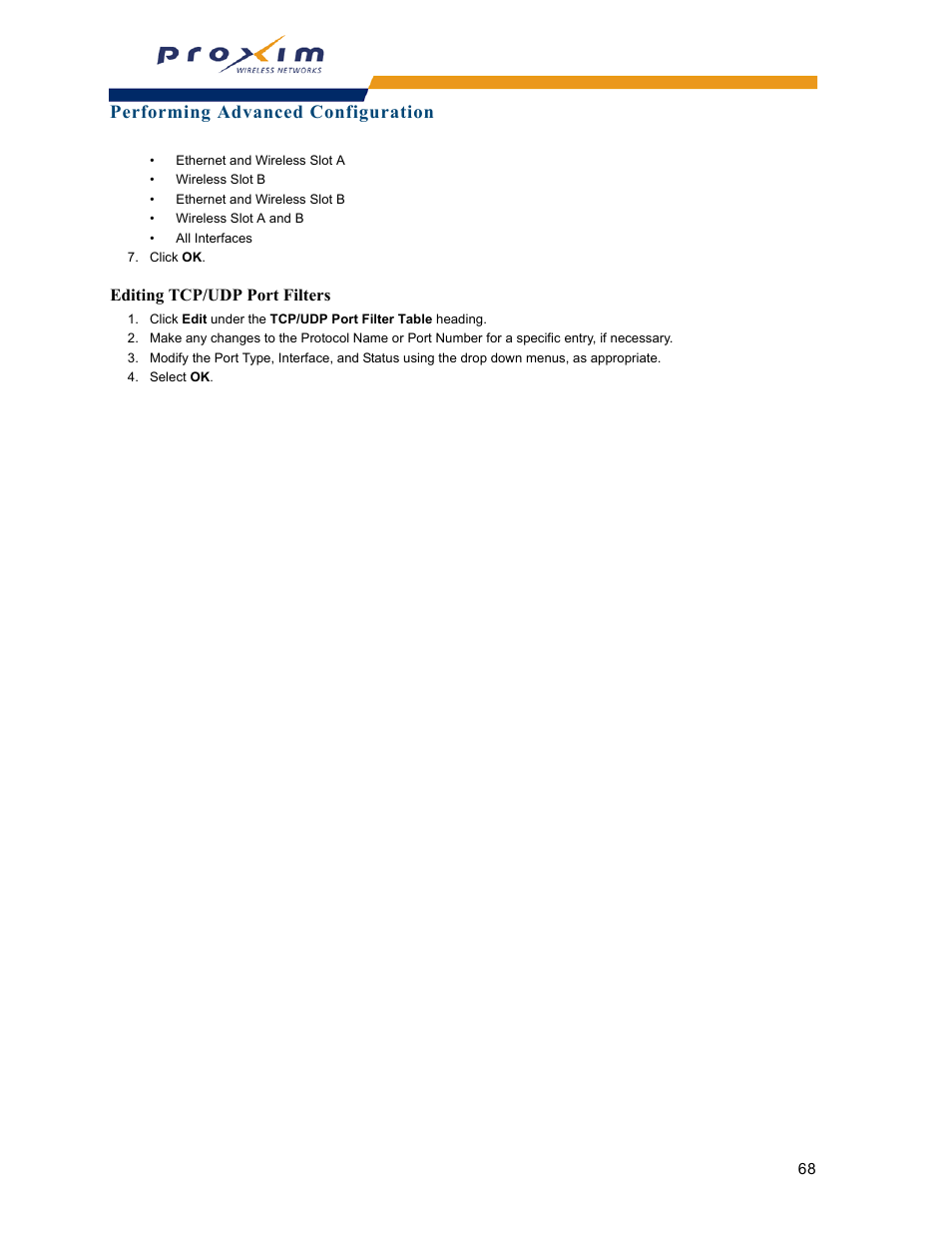 Editing tcp/udp port filters, Performing advanced configuration | Proxim ORINOCO AP-2000 User Manual | Page 68 / 244