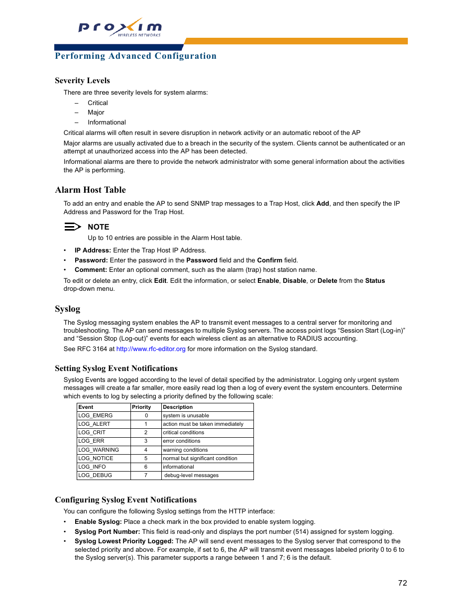 Alarm host table, Syslog, Severity levels | Alarm host table syslog, Performing advanced configuration, Setting syslog event notifications, Configuring syslog event notifications | Proxim ORINOCO AP-2000 User Manual | Page 72 / 244