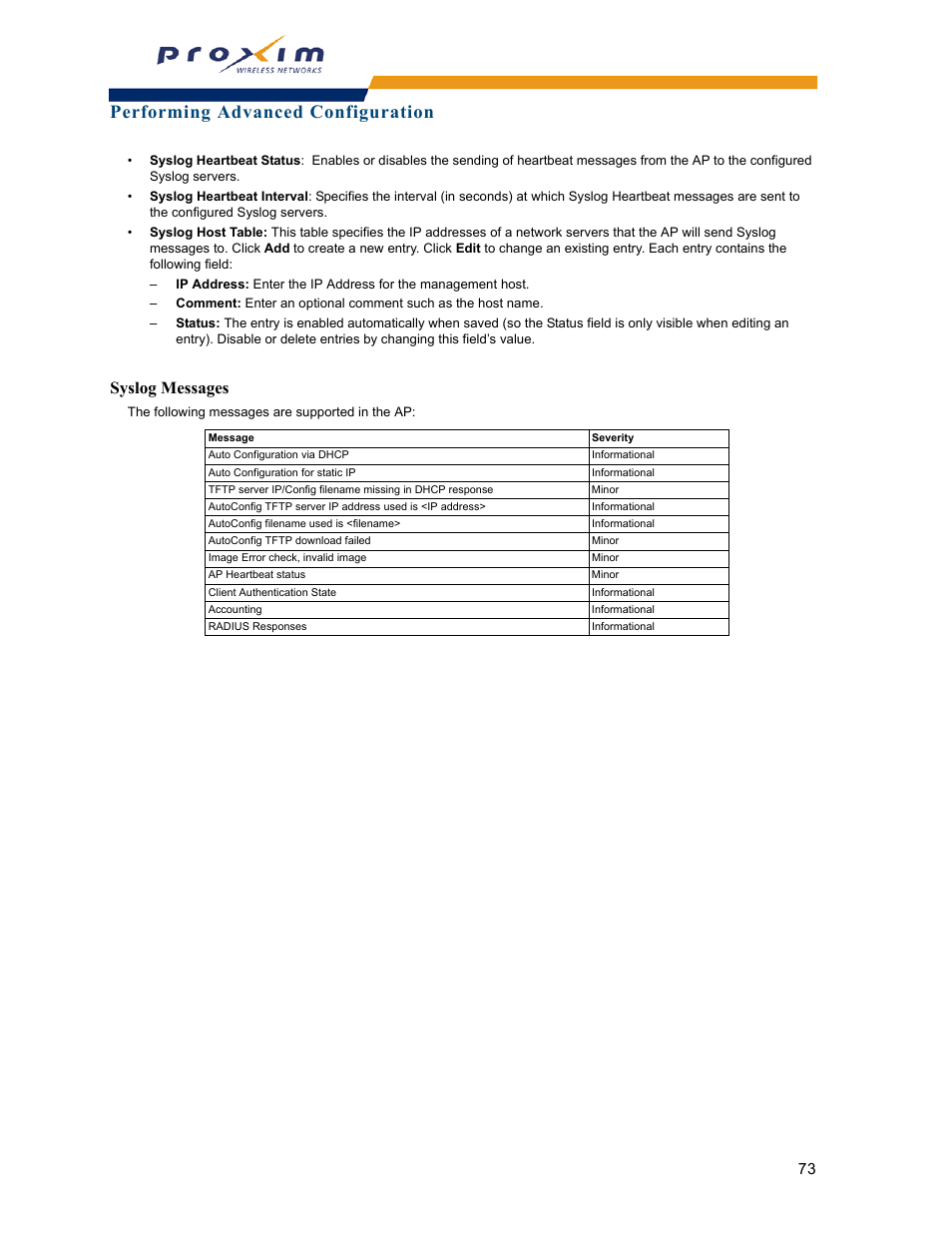 Syslog messages, Performing advanced configuration | Proxim ORINOCO AP-2000 User Manual | Page 73 / 244