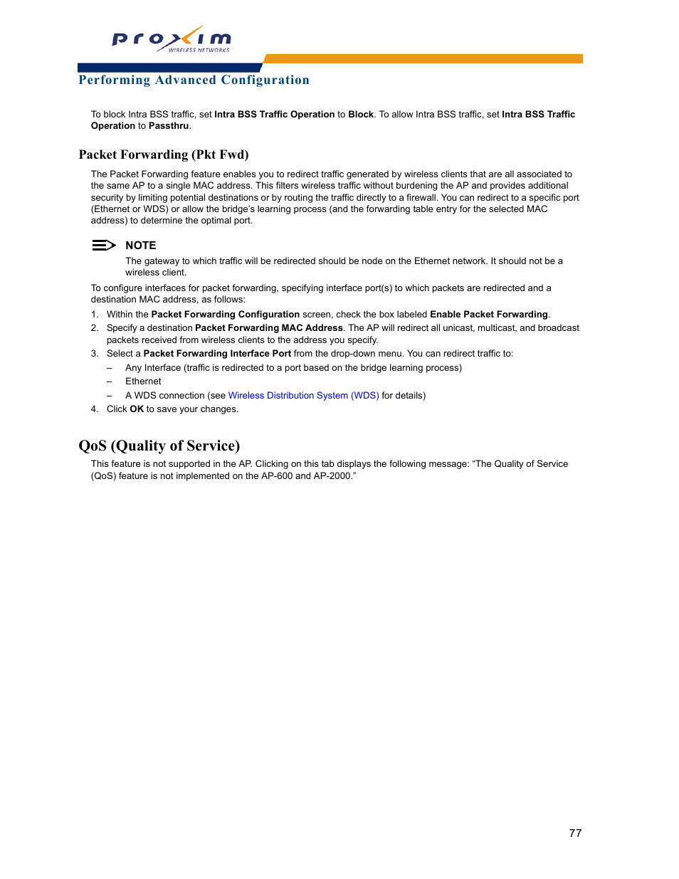 Packet forwarding (pkt fwd), Qos (quality of service), Performing advanced configuration | Proxim ORINOCO AP-2000 User Manual | Page 77 / 244