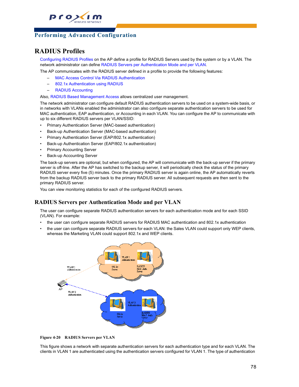 Radius profiles, Performing advanced configuration | Proxim ORINOCO AP-2000 User Manual | Page 78 / 244