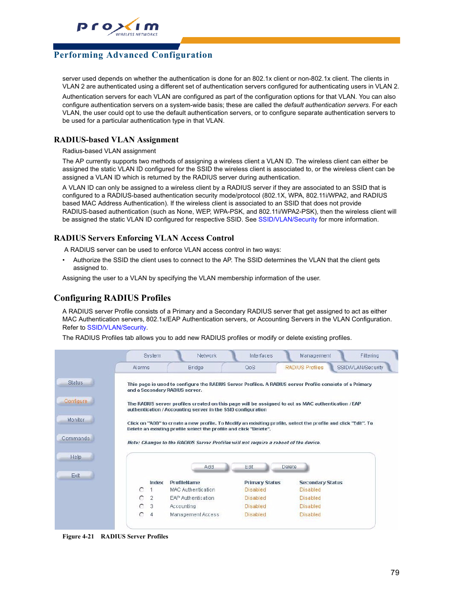 Configuring radius profiles, Performing advanced configuration | Proxim ORINOCO AP-2000 User Manual | Page 79 / 244
