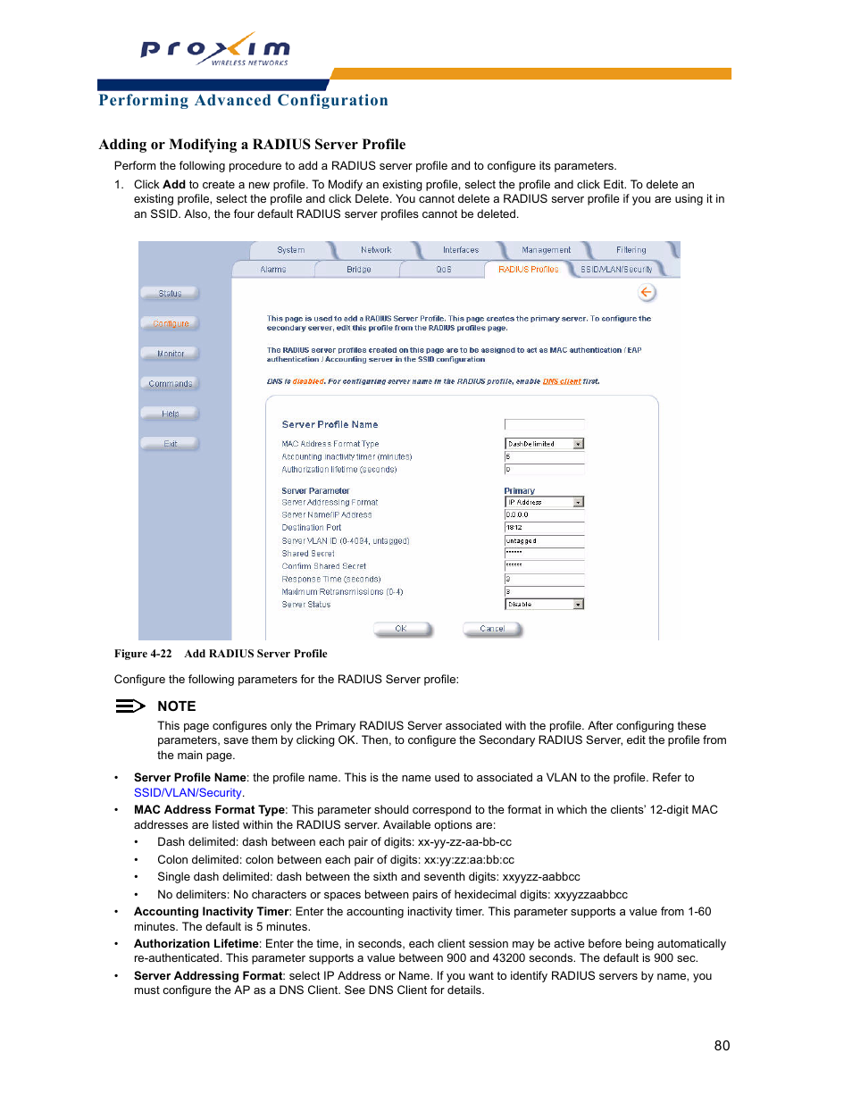 Adding or modifying a radius server profile, Performing advanced configuration | Proxim ORINOCO AP-2000 User Manual | Page 80 / 244