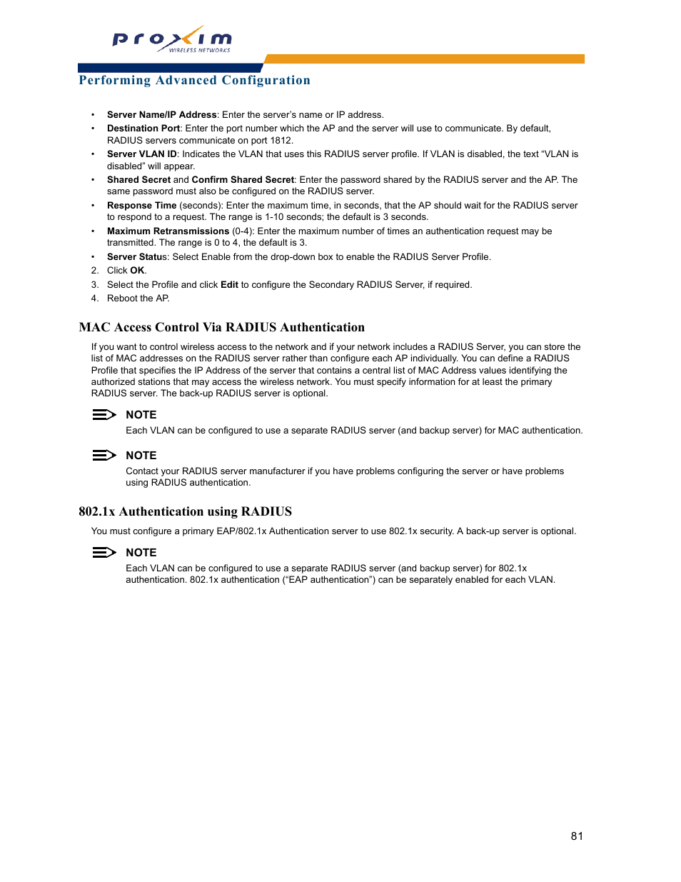 Mac access control via radius authentication, 1x authentication using radius, Performing advanced configuration | Proxim ORINOCO AP-2000 User Manual | Page 81 / 244