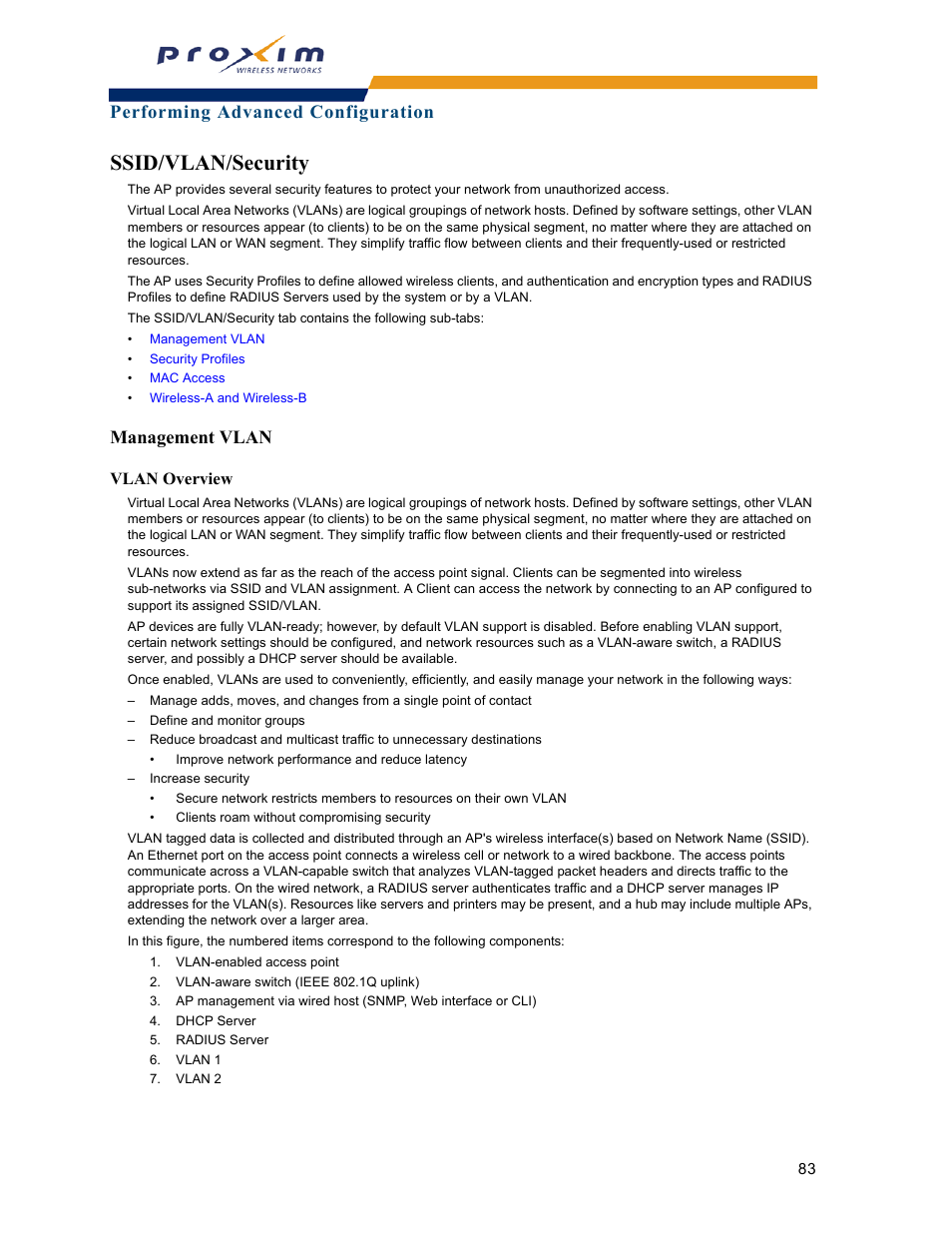 Ssid/vlan/security, Management vlan, Vlan overview | S. see, Performing advanced configuration | Proxim ORINOCO AP-2000 User Manual | Page 83 / 244