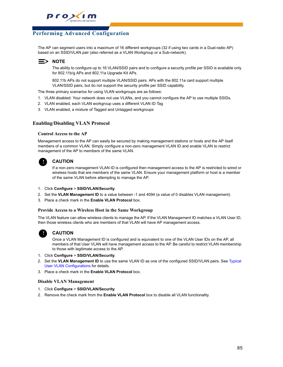 Enabling/disabling vlan protocol, Performing advanced configuration | Proxim ORINOCO AP-2000 User Manual | Page 85 / 244