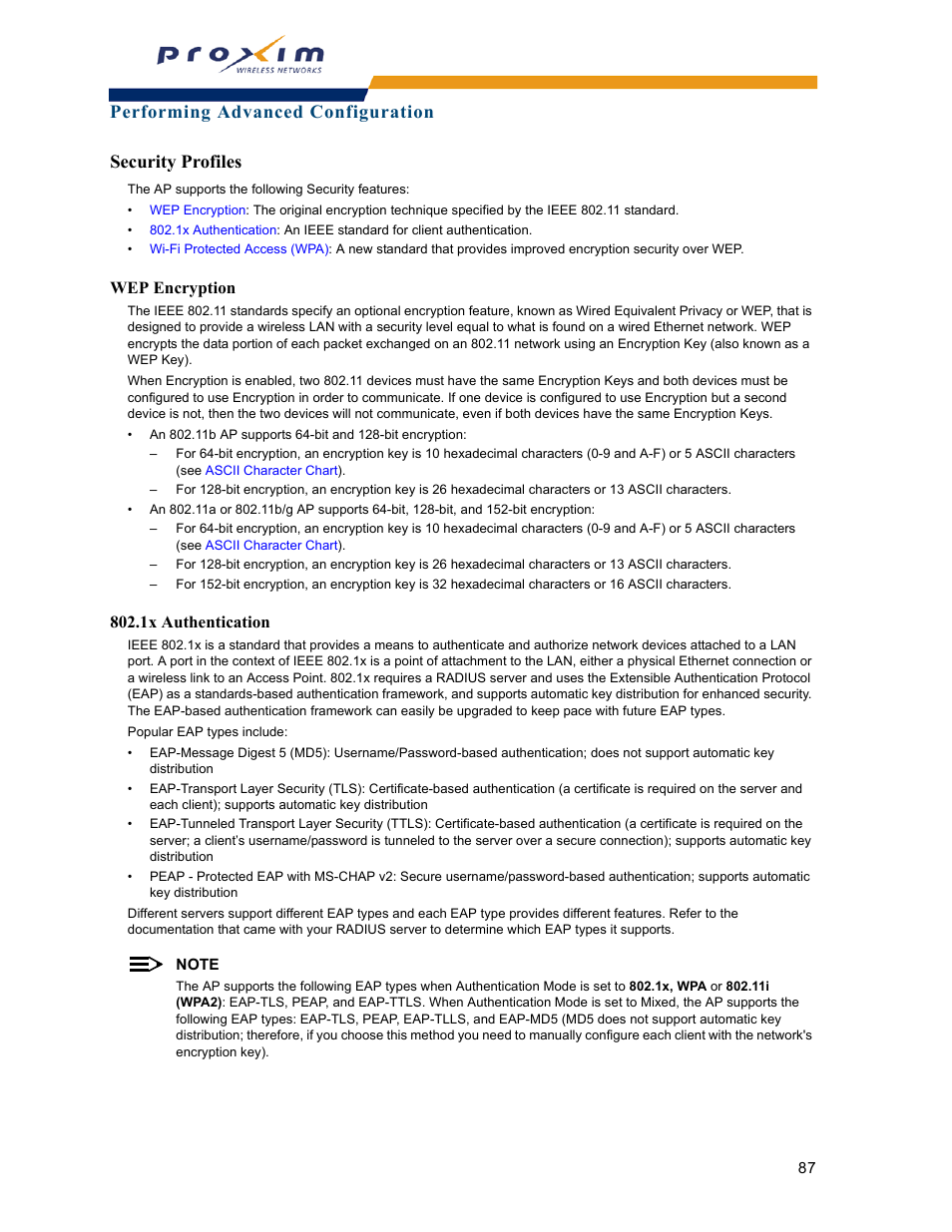 Security profiles, Wep encryption 802.1x authentication, Wep encryption | 1x authentication | Proxim ORINOCO AP-2000 User Manual | Page 87 / 244