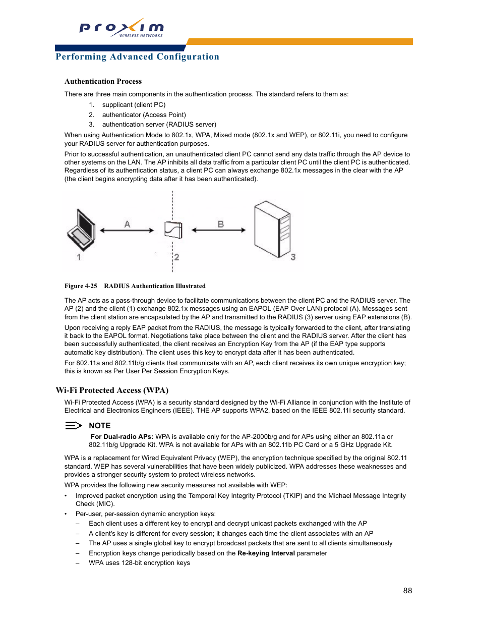 Wi-fi protected access (wpa), Performing advanced configuration | Proxim ORINOCO AP-2000 User Manual | Page 88 / 244