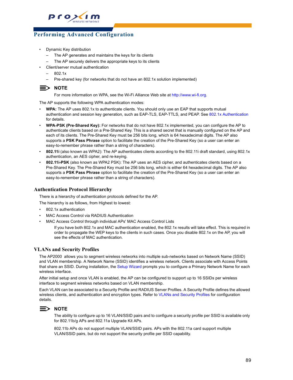 Performing advanced configuration, Authentication protocol hierarchy, Vlans and security profiles | Proxim ORINOCO AP-2000 User Manual | Page 89 / 244