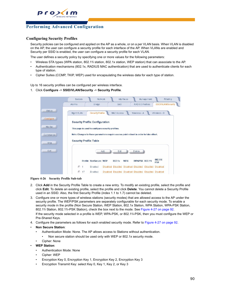 Configuring security profiles, Performing advanced configuration | Proxim ORINOCO AP-2000 User Manual | Page 90 / 244