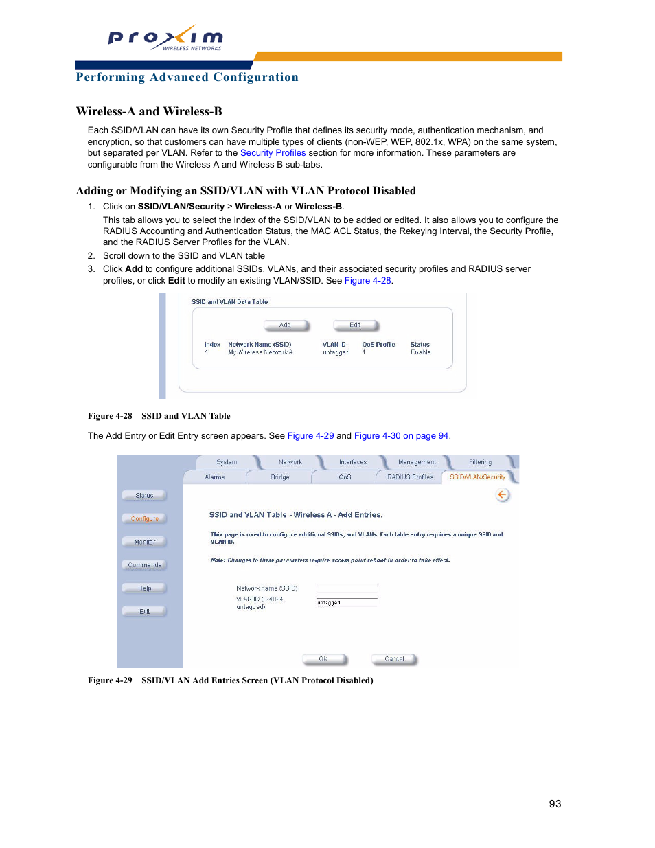 Wireless-a and wireless-b, Adding or modifying an ssid/vlan with, Vlan protocol disabled | Proxim ORINOCO AP-2000 User Manual | Page 93 / 244