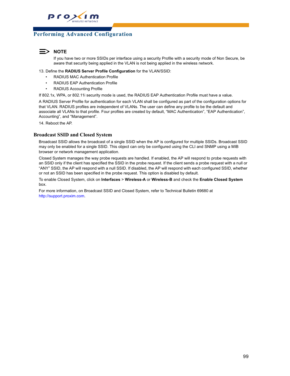 Broadcast ssid and closed system, Performing advanced configuration | Proxim ORINOCO AP-2000 User Manual | Page 99 / 244