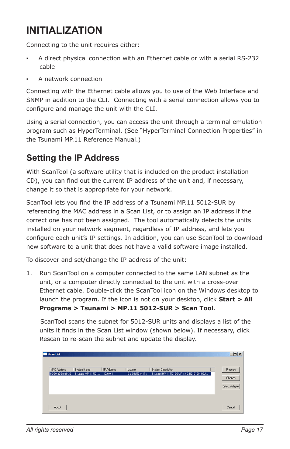 Initialization, Setting the ip address | Proxim TSUNAMI MP.11 5012-SUR User Manual | Page 17 / 24