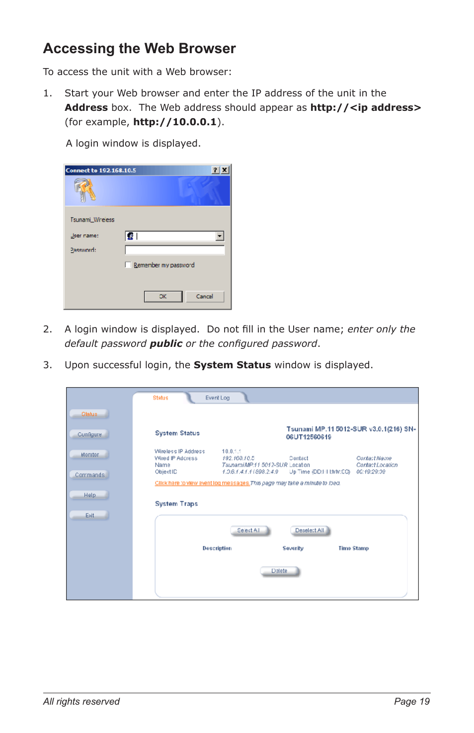 Accessing the web browser | Proxim TSUNAMI MP.11 5012-SUR User Manual | Page 19 / 24