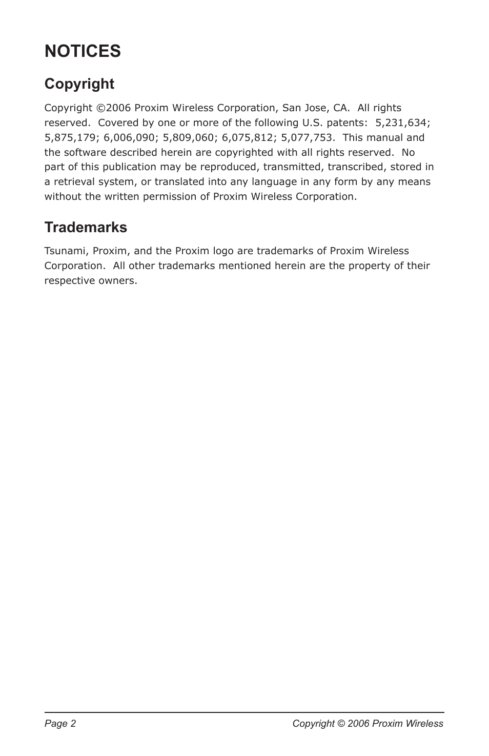 Notices, Copyright, Trademarks | Proxim TSUNAMI MP.11 5012-SUR User Manual | Page 2 / 24