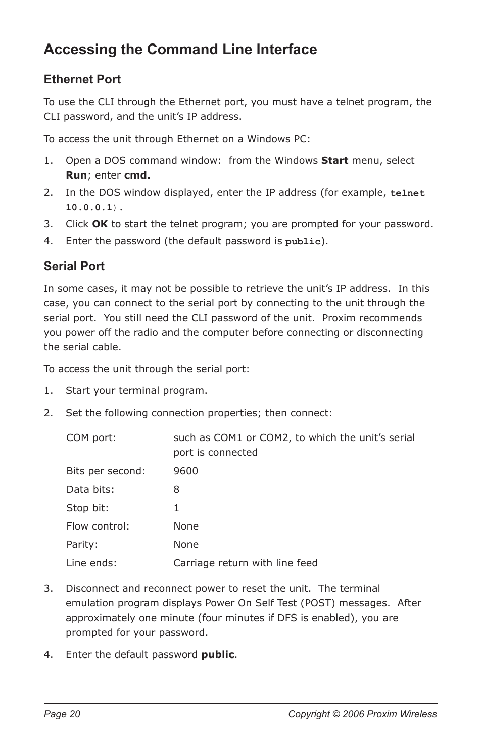 Accessing the command line interface, Ethernet port, Serial port | Proxim TSUNAMI MP.11 5012-SUR User Manual | Page 20 / 24