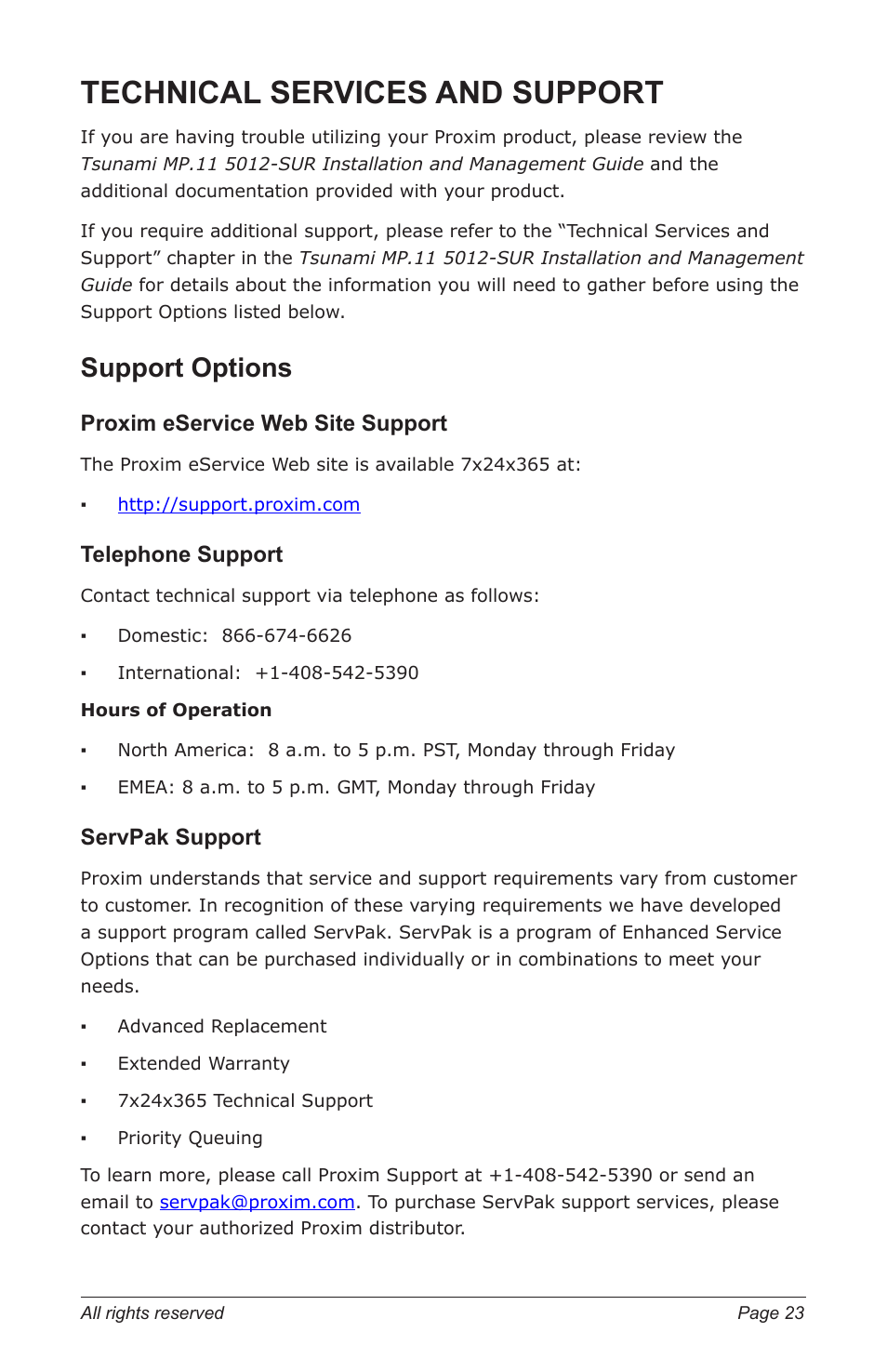 Technical.services.and.support, Support options, Technical services and support | Proxim eservice web site support, Telephone support, Servpak support | Proxim TSUNAMI MP.11 5012-SUR User Manual | Page 23 / 24