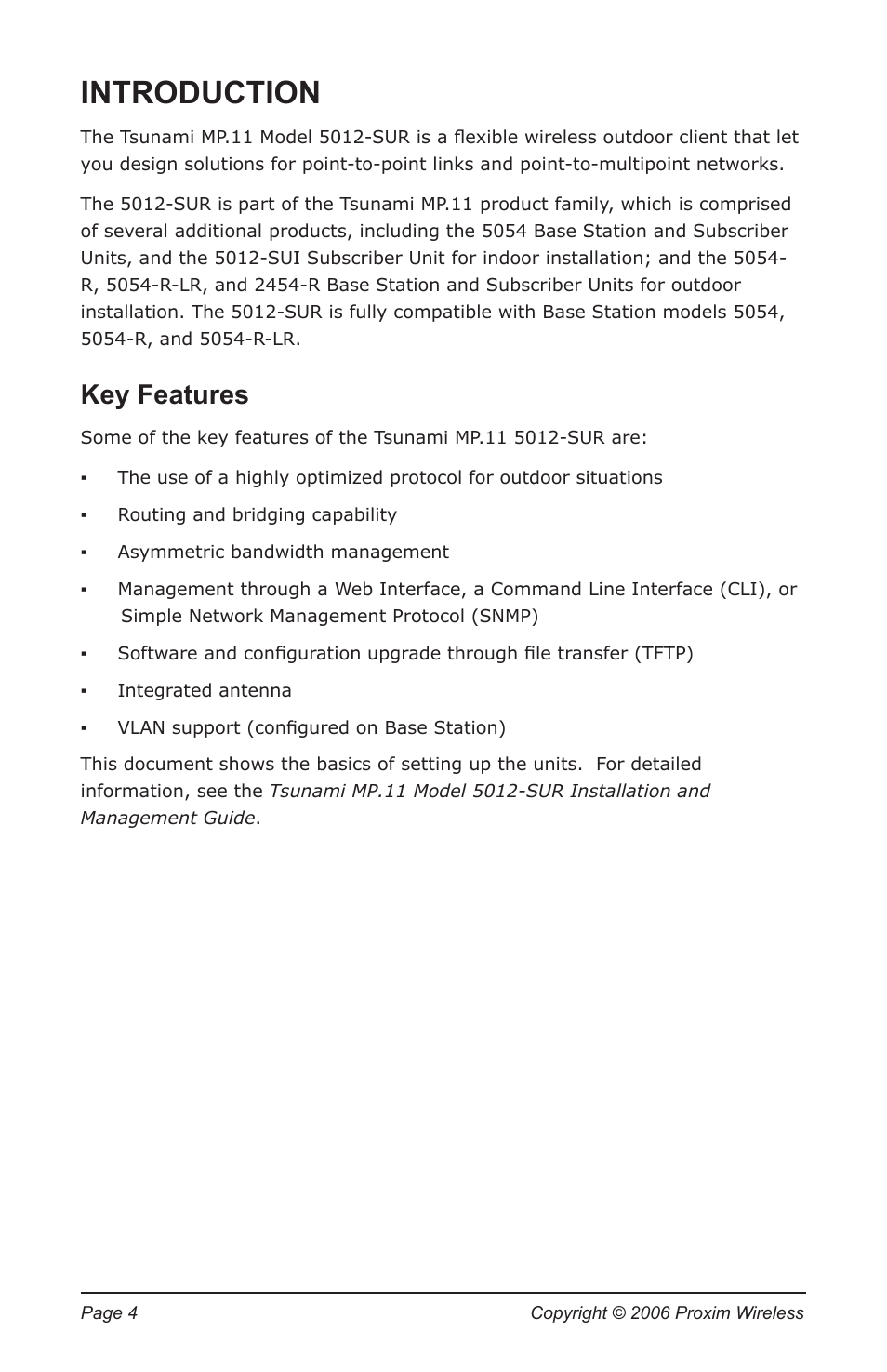 Introduction, Key features | Proxim TSUNAMI MP.11 5012-SUR User Manual | Page 4 / 24