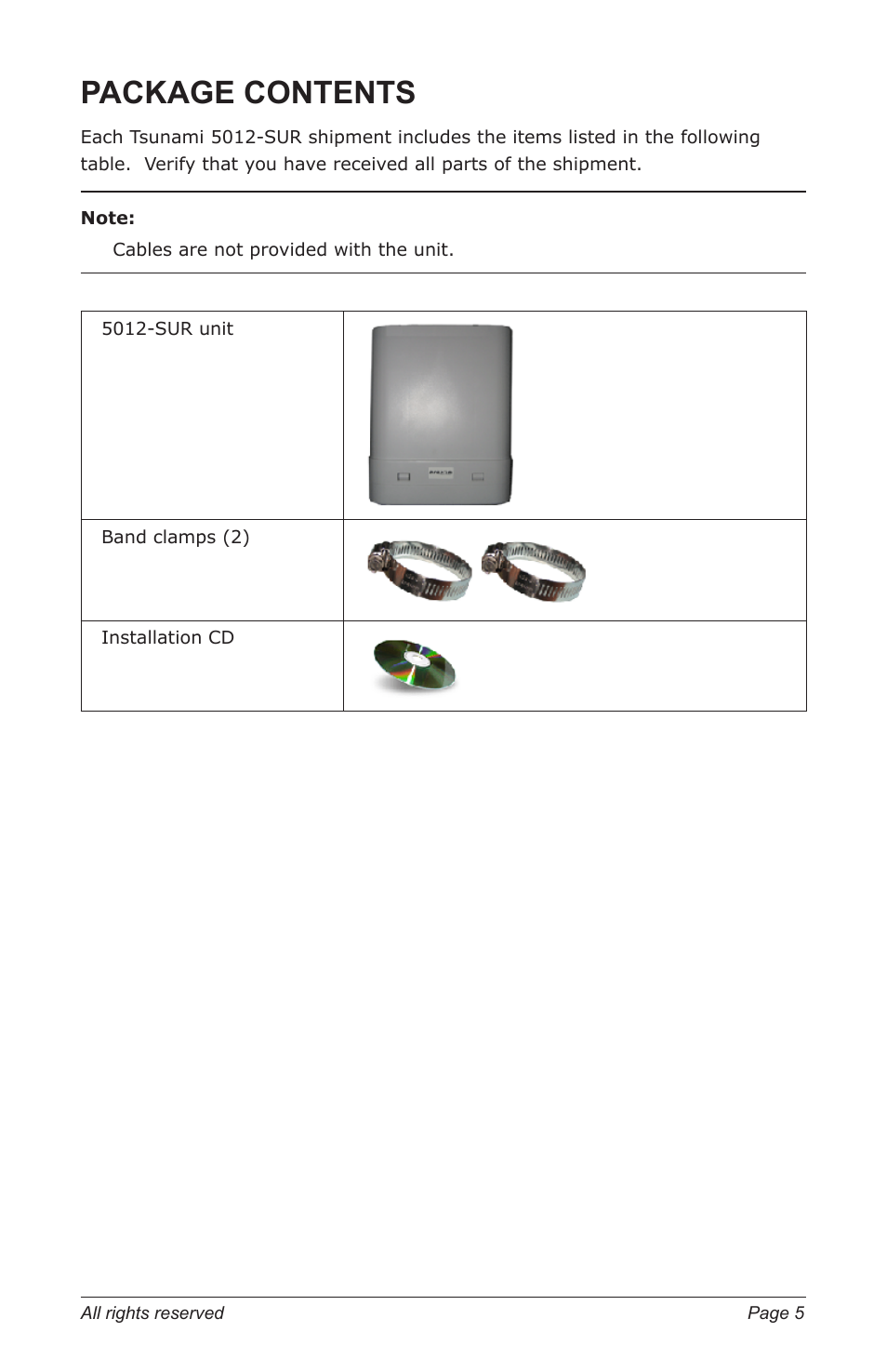 Package contents | Proxim TSUNAMI MP.11 5012-SUR User Manual | Page 5 / 24