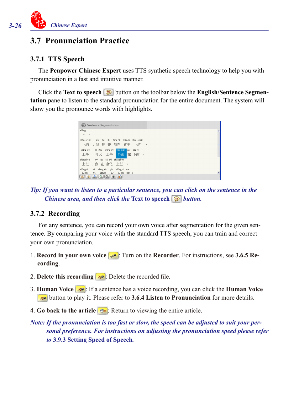 7 pronunciation practice, 1 tts speech, 2 recording | 7 pronunciation practice -26, 1 tts speech -26 3.7.2 recording -26 | Penpower Chinease Expert PCE Scanner User Manual | Page 39 / 112