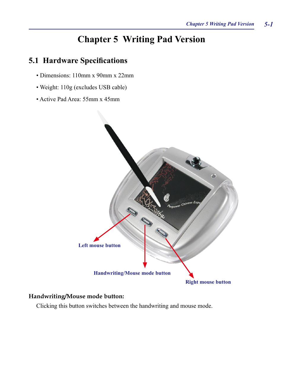 Chapter 5 writing pad version, 1 hardware specifications, Chapter 5 writing pad version -1 | 1 hardware specifications -1 | Penpower Chinease Expert PCE Scanner User Manual | Page 52 / 112