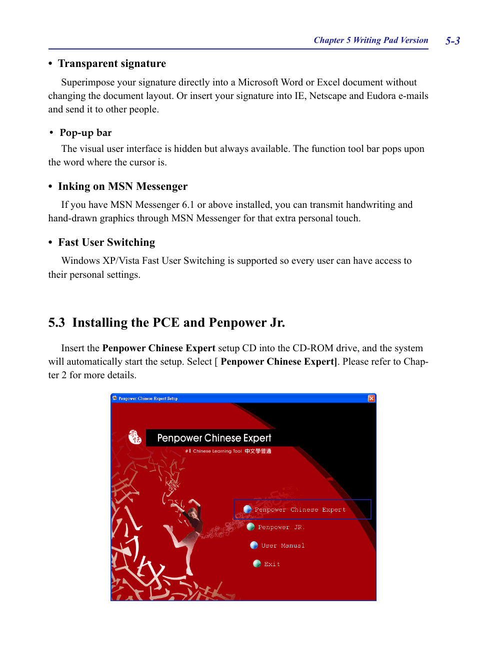 3 installing the pce and penpower jr, 3 installing the pce and penpower jr -3 | Penpower Chinease Expert PCE Scanner User Manual | Page 54 / 112