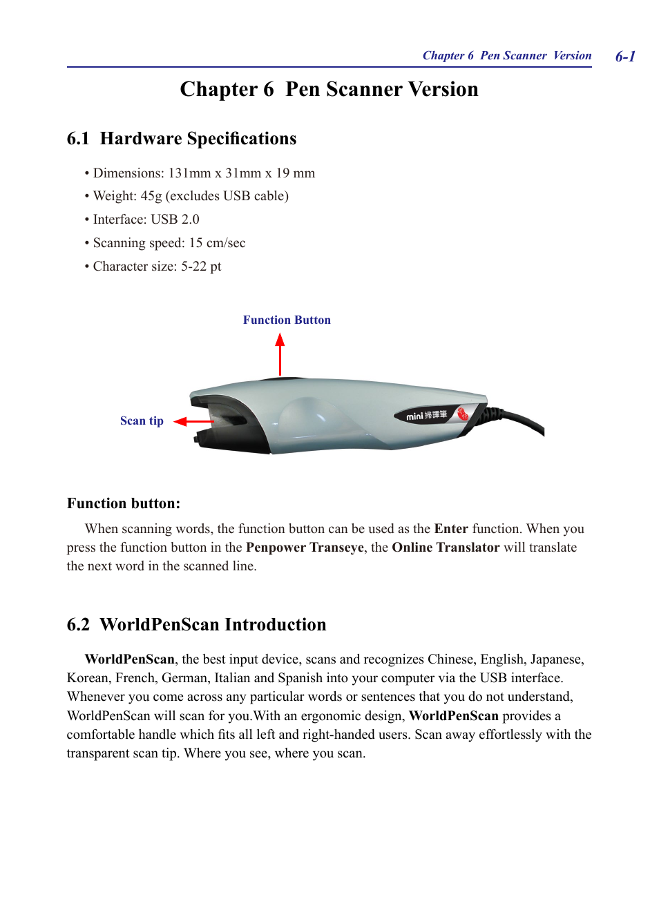 Chapter 6 pen scanner version, 1 hardware specifications, 2 worldpenscan introduction | Chapter 6 pen scanner version -1 | Penpower Chinease Expert PCE Scanner User Manual | Page 84 / 112