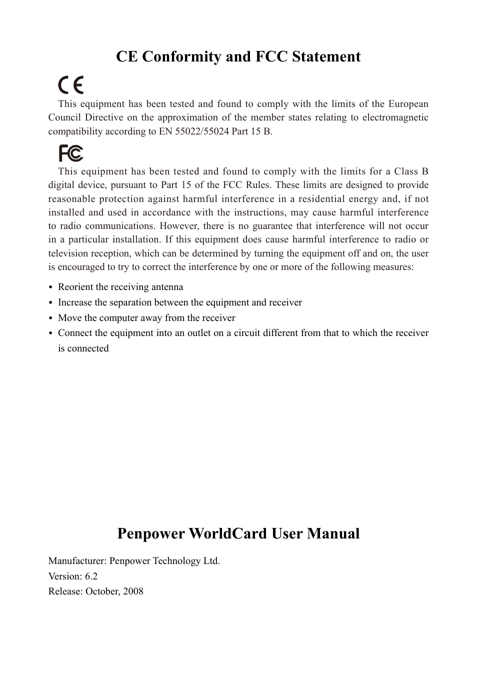 Information, Penpower worldcard user manual, Ce conformity and fcc statement | Penpower WorldCard duet User Manual | Page 81 / 82