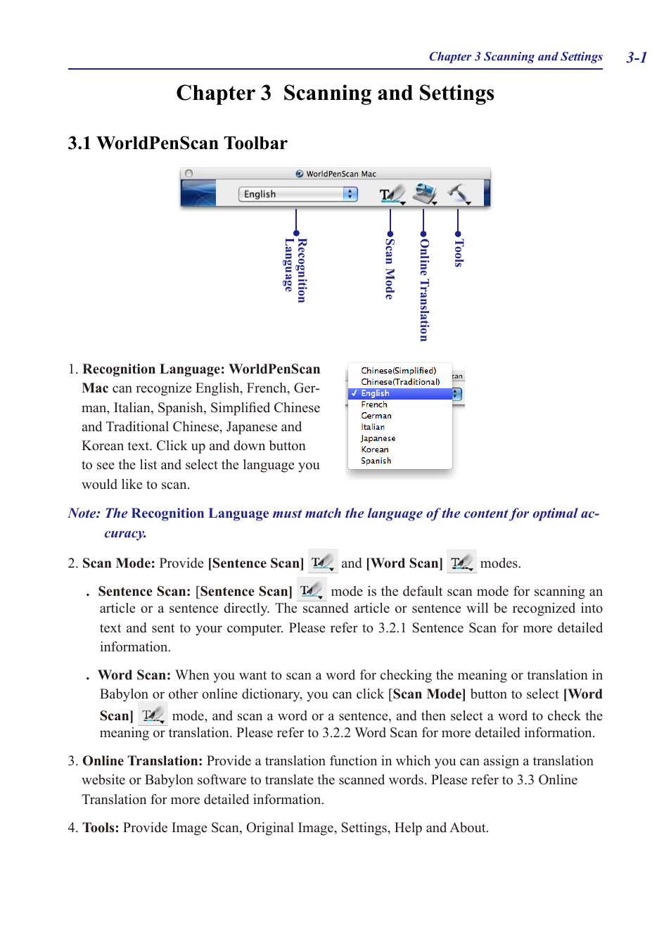 Chapter 3 scanning and settings -1, 1 worldpenscan toolbar -1, Chapter 3 scanning and settings | 1 worldpenscan toolbar | Penpower WorldPenScan Pro User Manual | Page 12 / 20