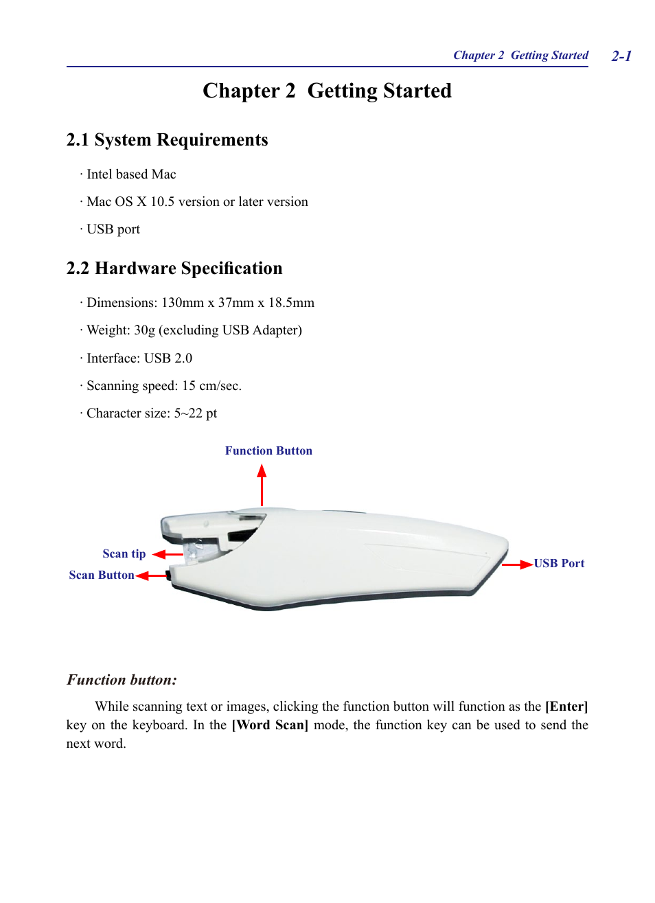 Chapter 2 getting started -1, Chapter 2 getting started, 1 system requirements | 2 hardware specification | Penpower WorldPenScan Pro User Manual | Page 8 / 20