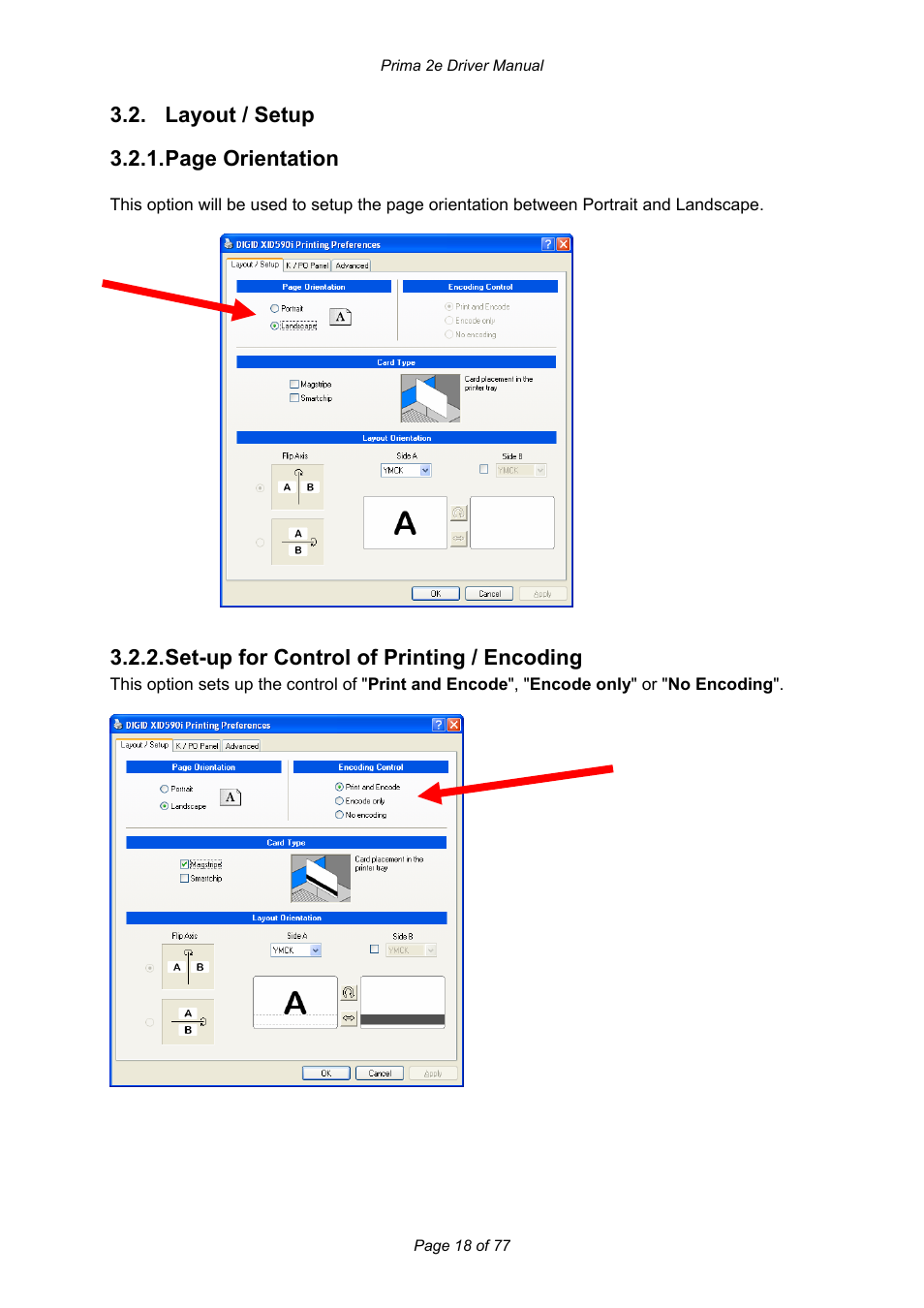 Layout / setup 3.2.1. page orientation, Set-up for control of printing / encoding | Prima MAGICARD 2e User Manual | Page 18 / 77