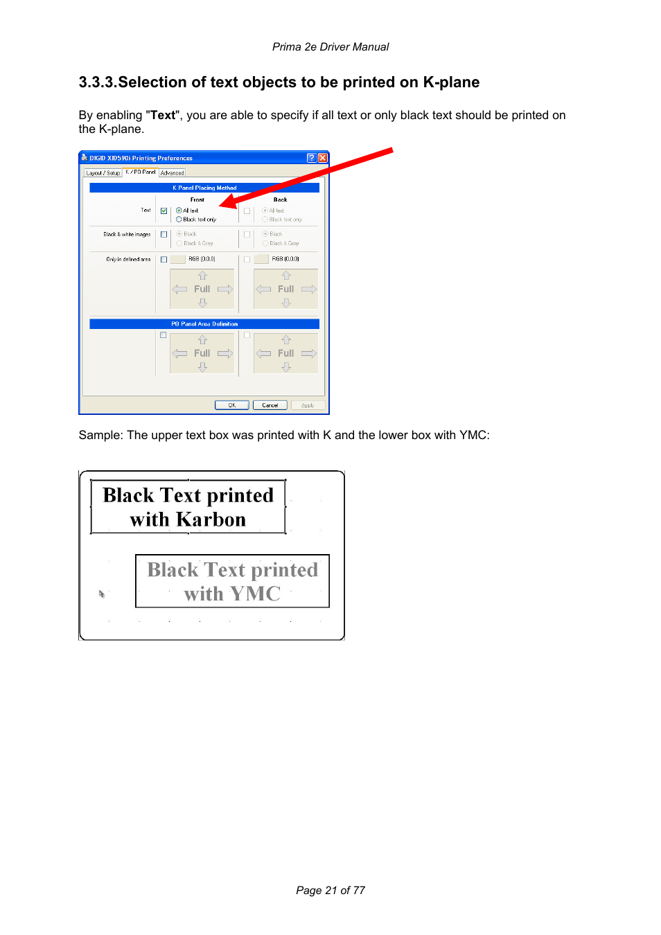 Selection of text objects to be printed on k-plane | Prima MAGICARD 2e User Manual | Page 21 / 77